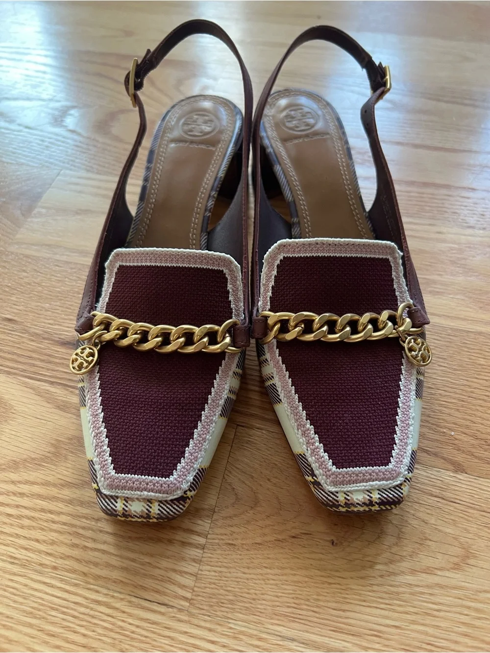 Tory Burch Mini Benton Plum Slingback Loafers with Gold Chain Size 8